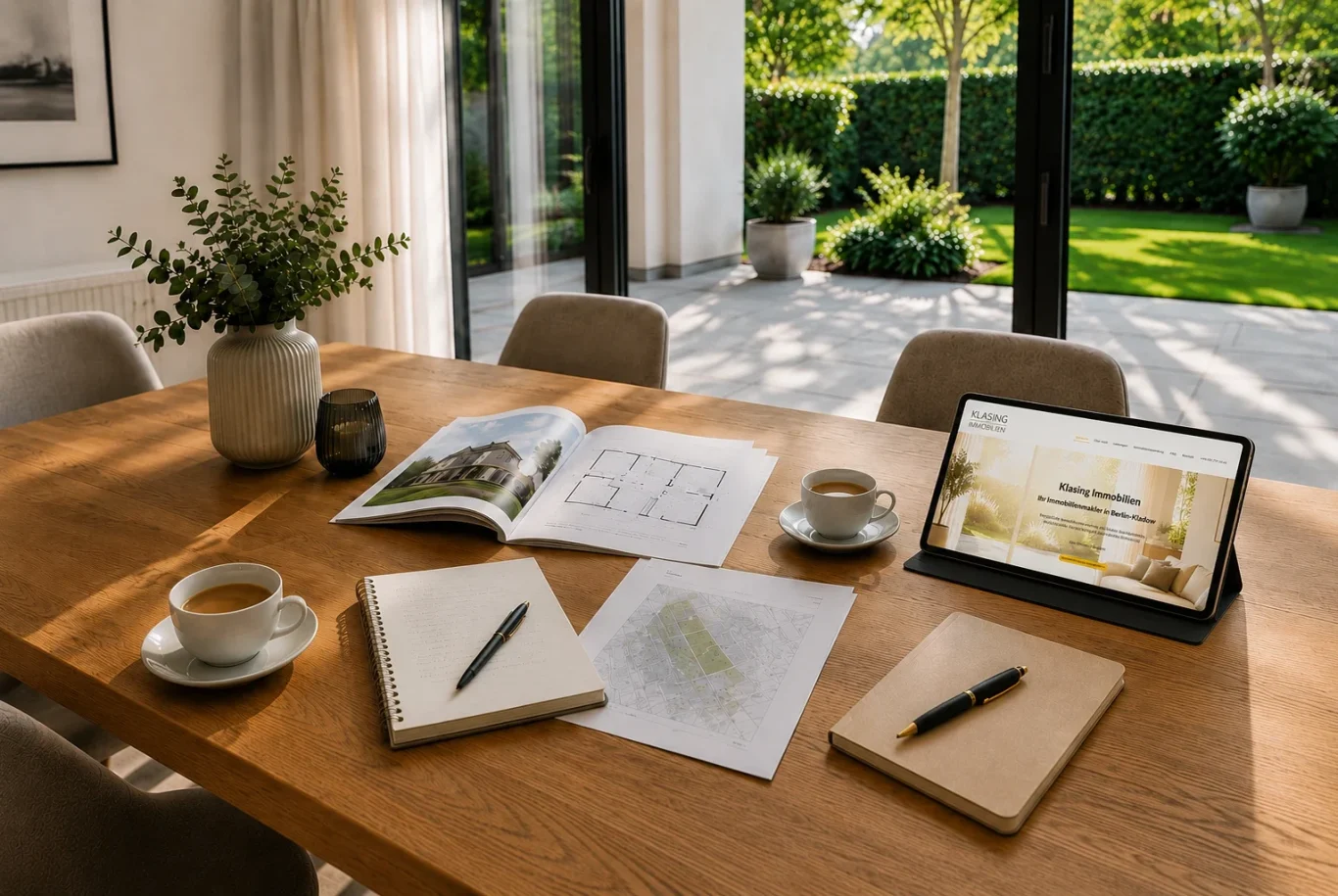 Immobilienbewertung Unterlagen und Grundrisse für eine professionelle Immobilienbewertung auf einem Besprechungstisch.